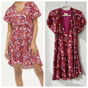 Exc Anthropologie Robin Tiered Ikat Floral Mini Dress Raspberry Small